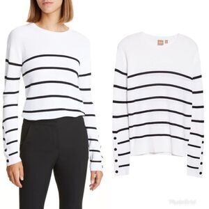 REVOLVE BOSS Fittina Crewneck Striped Ribbed Sweater in Black White